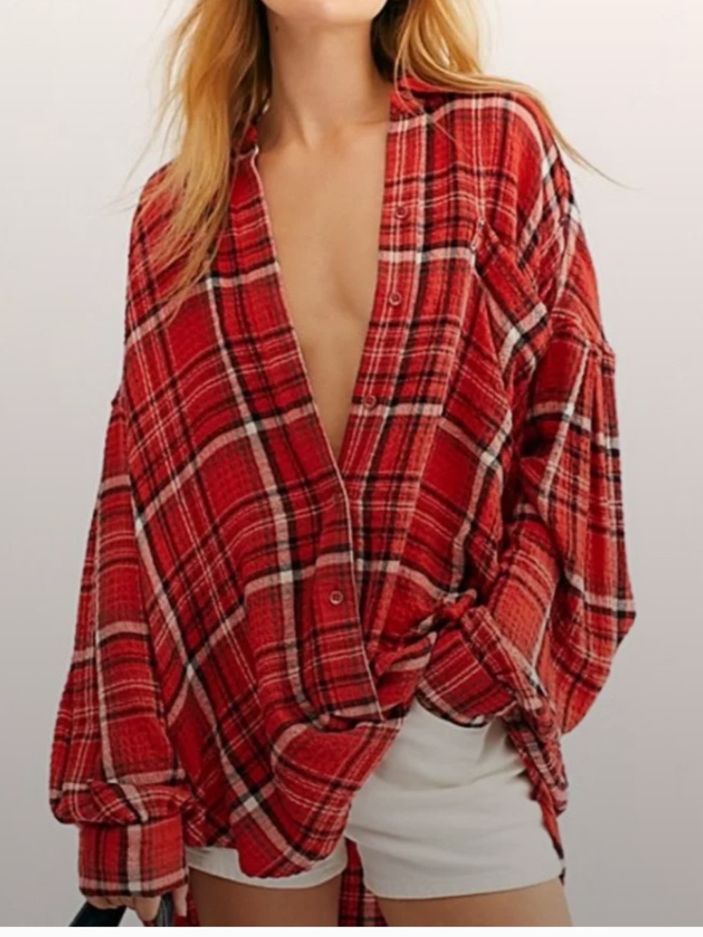 Free people Hidden Valley Buttondown Red Plaid Shacket Women's Top L